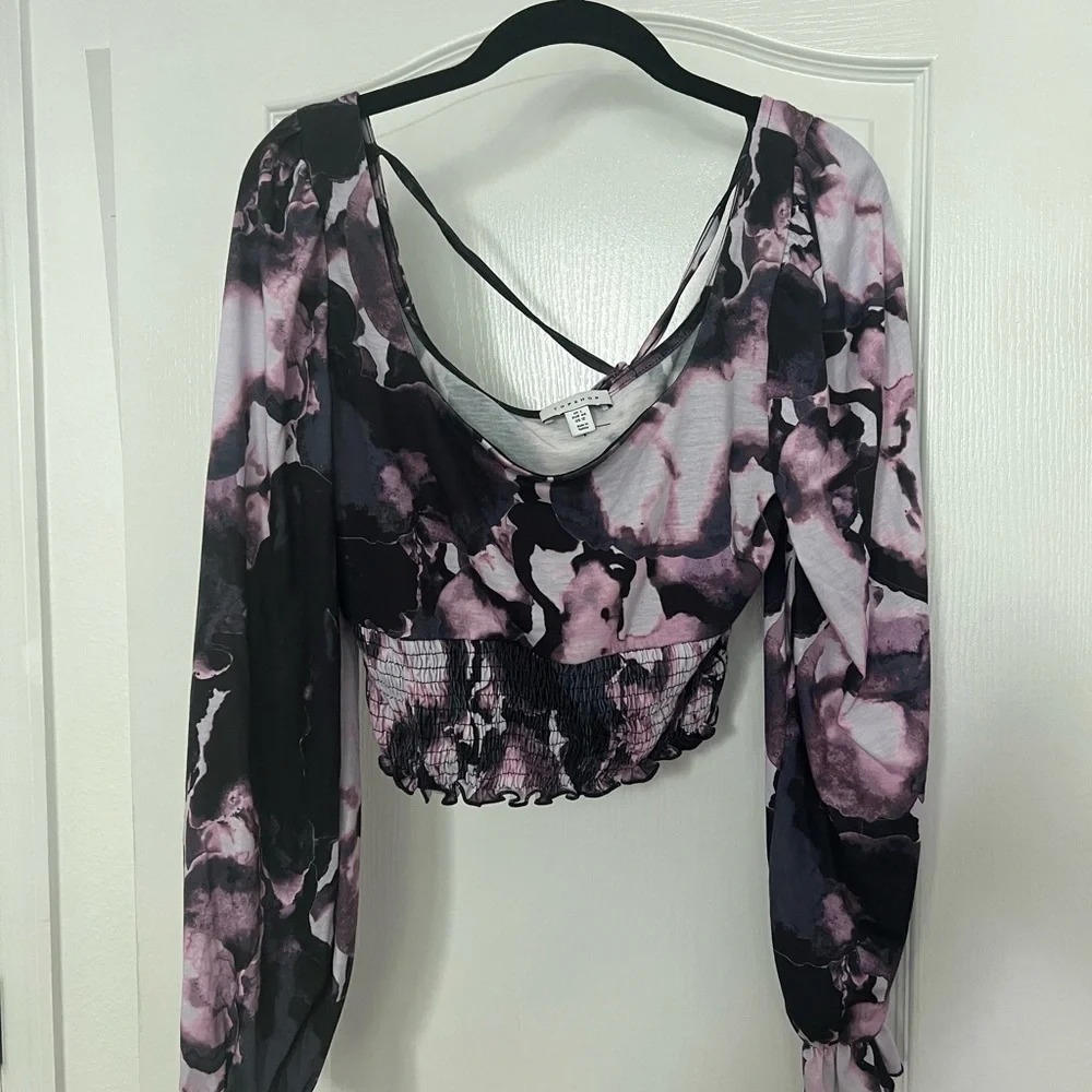 Topshop Crop Smocked Square Neck Blouse SZ 12
